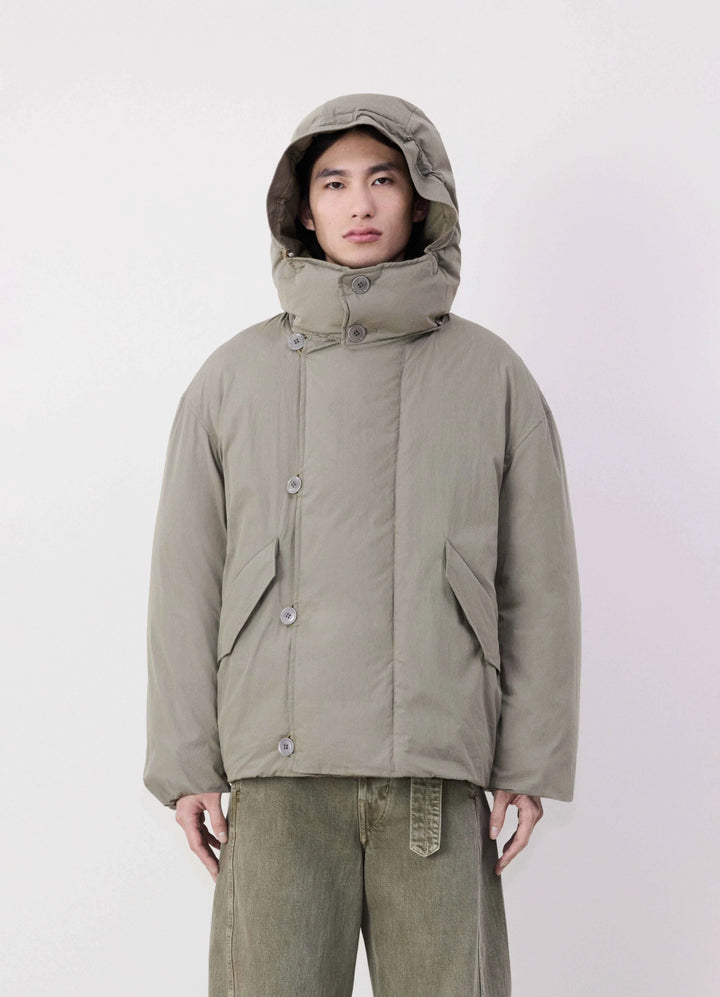Lemaire Hooded Puffer Blouson in Light Cotton Blend, model shot, Front view Detachable peaked hood