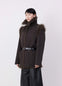 Lemaire Reversible Belted Long Shea in Dark Shearling and Cotton Twill, model shot, Side view Straight fit with belt