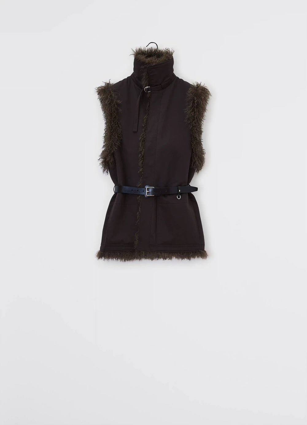 Lemaire Reversible Belted Long Shea in Dark Shearling and Cotton Twill, product shot, back view sleeveless with belt