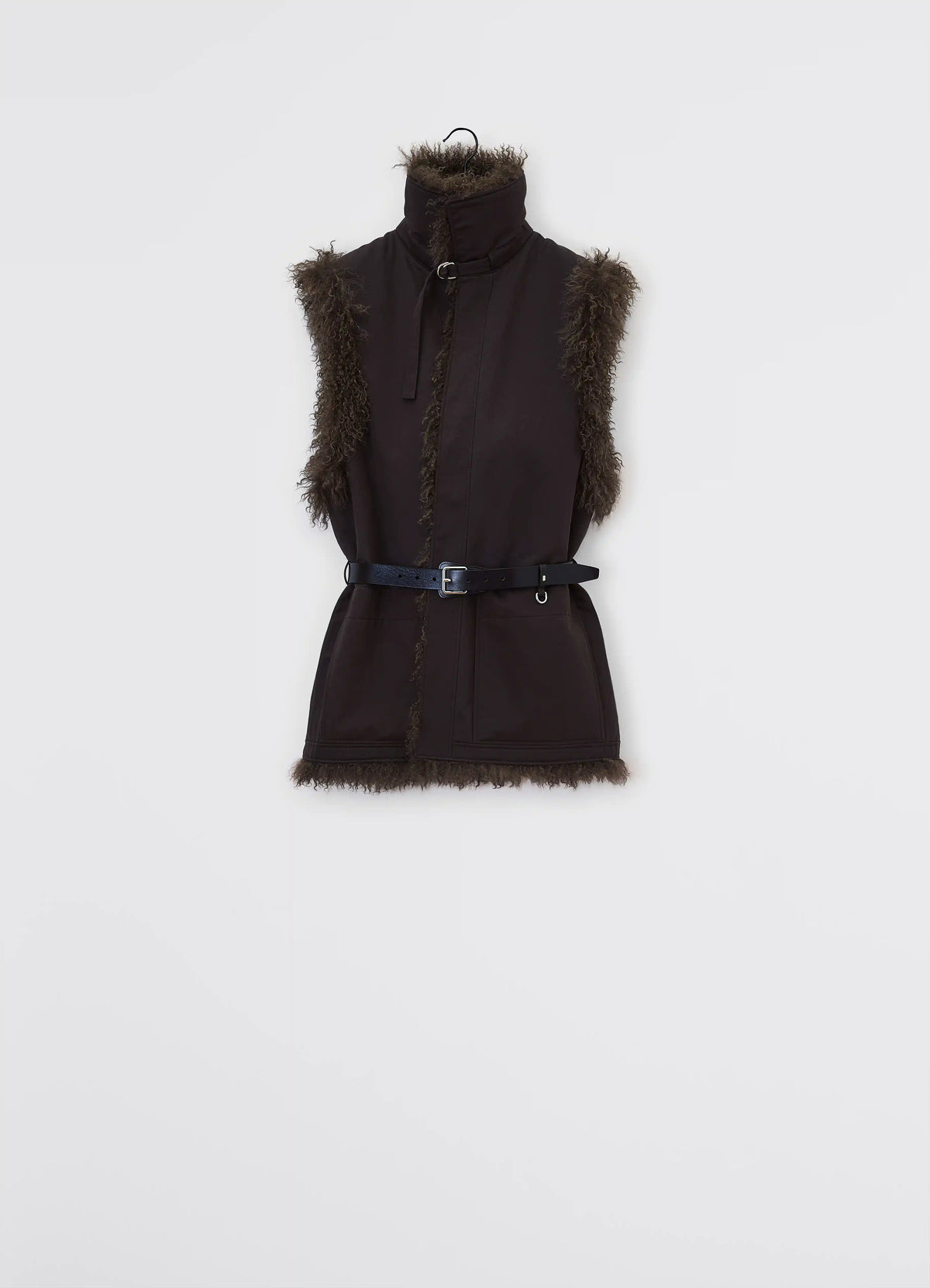 REVERSIBLE BELTED LONG SHEARLING GILET - Kobicha Brown - Long Hair