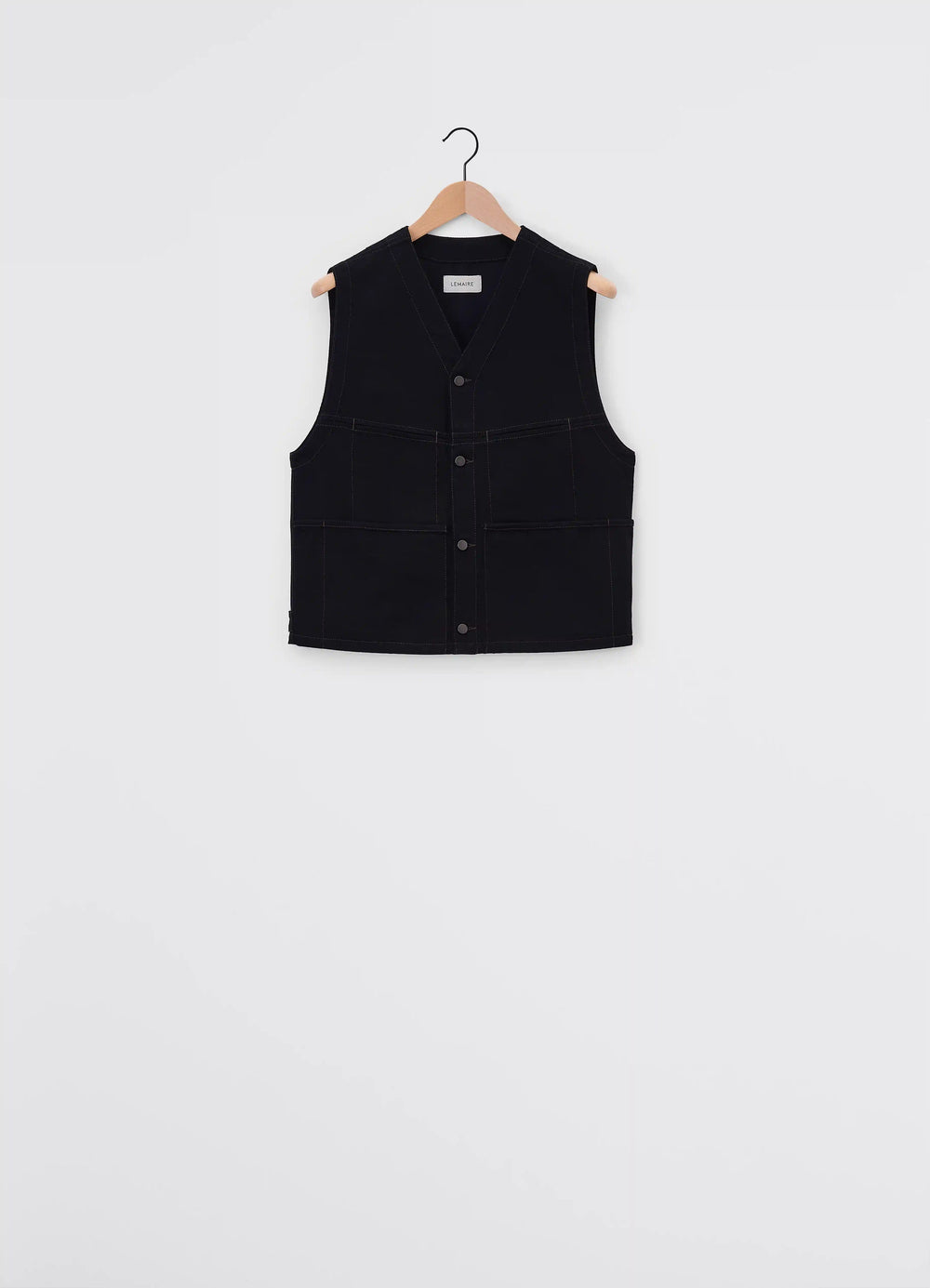 Lemaire Sleeveless Gilet in Deep Black Denim, product shot, back view boxy cut