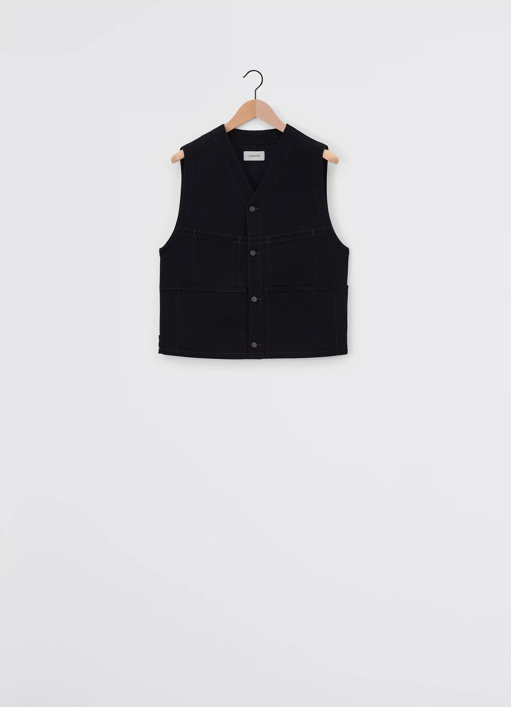 Lemaire Sleeveless Gilet in Deep Black Denim, product shot, back view boxy cut