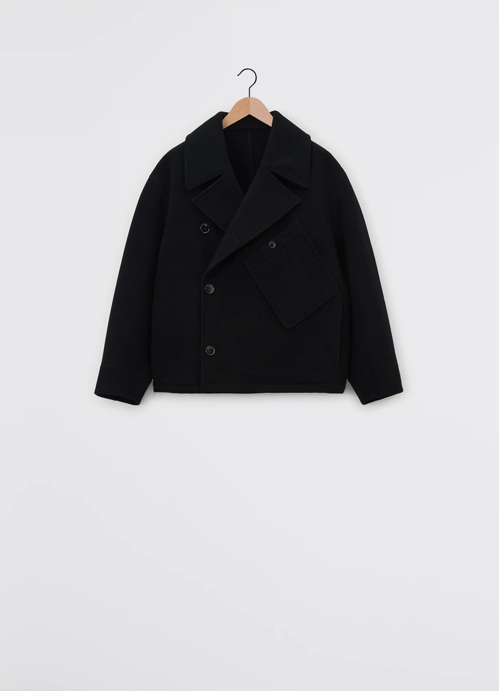 Dispatch Peacoat in Black Wool, product shot, Front view Double-breasted