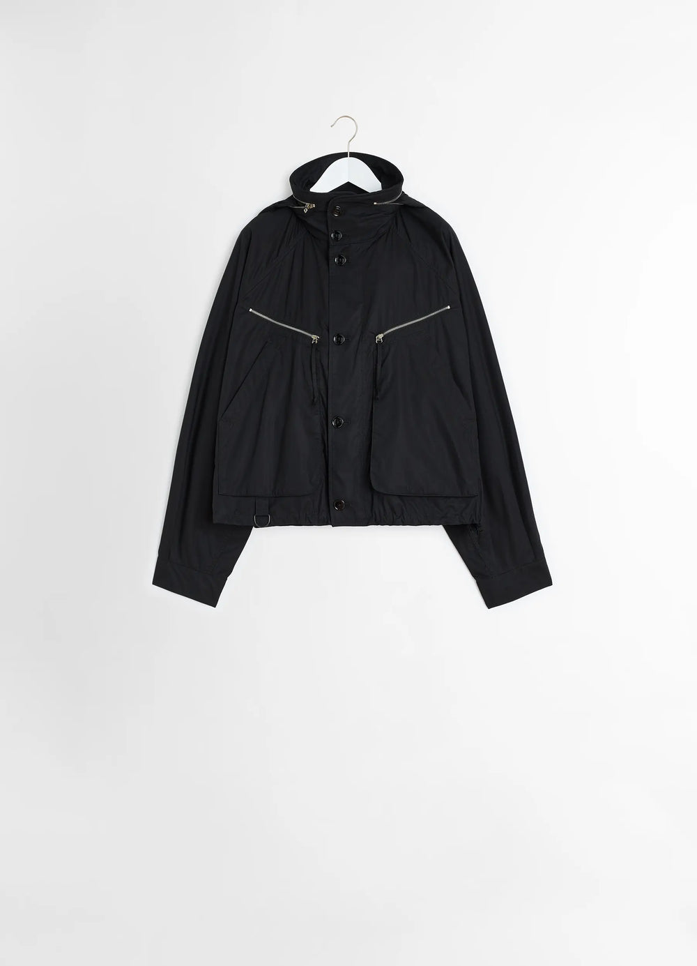 Parachute Blouson in Black VENTILE® Cotton, product shot, hanging front detail button front zipper pockets