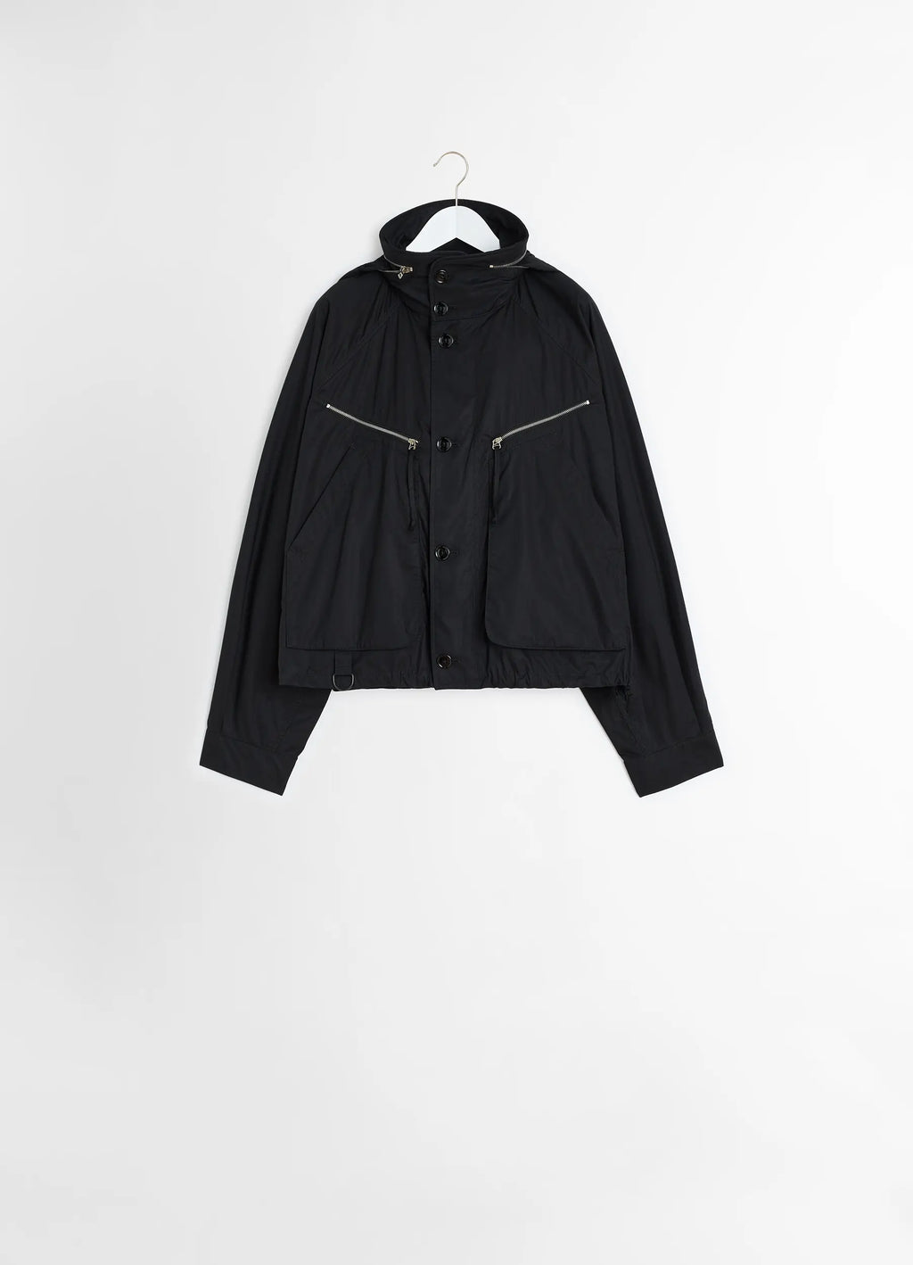 Parachute Blouson in Black VENTILE® Cotton, product shot, hanging front detail button front zipper pockets