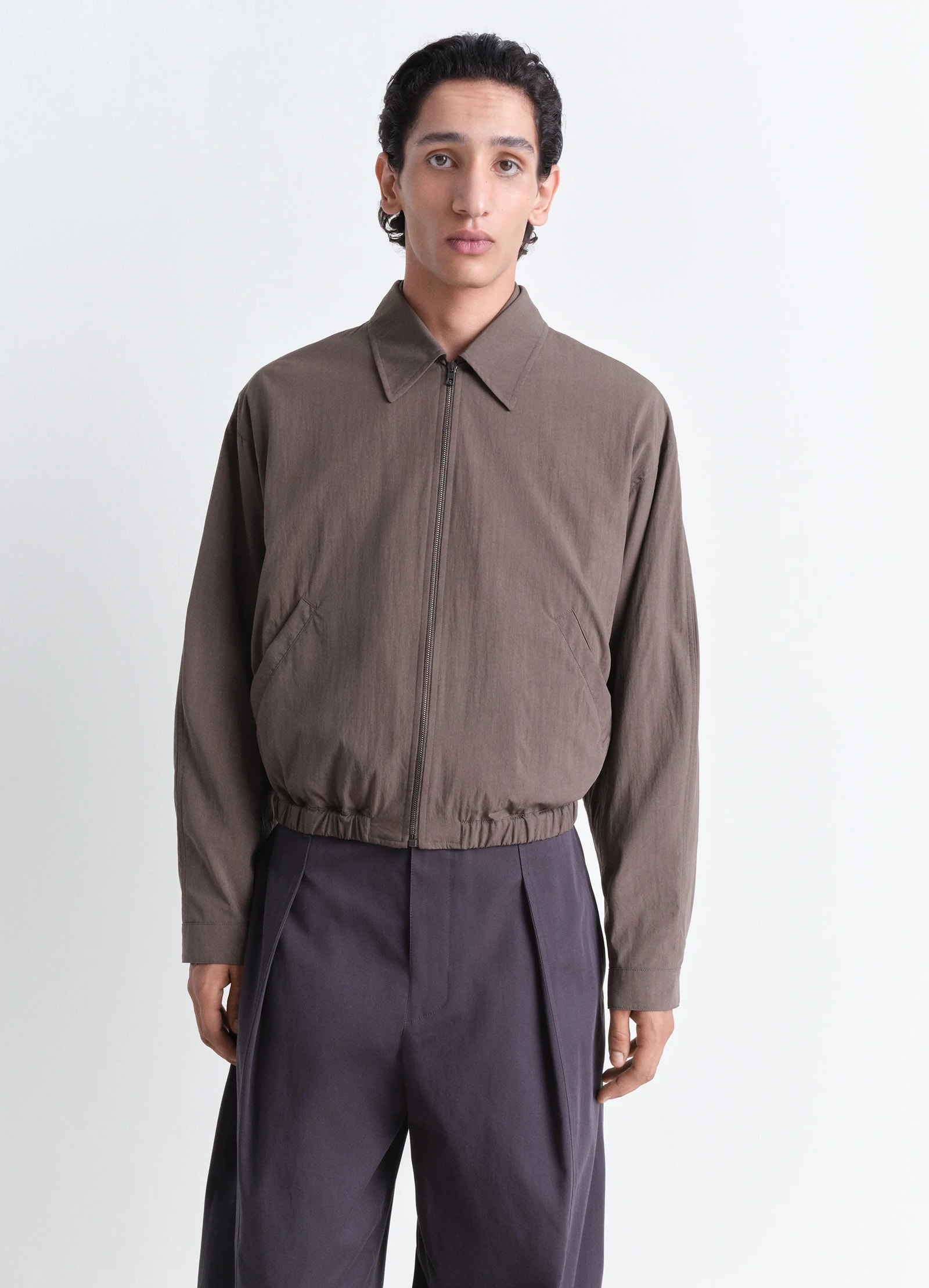 Zipped blouson in technical lyocell, model shot, front view boxy fit, elasticated hem