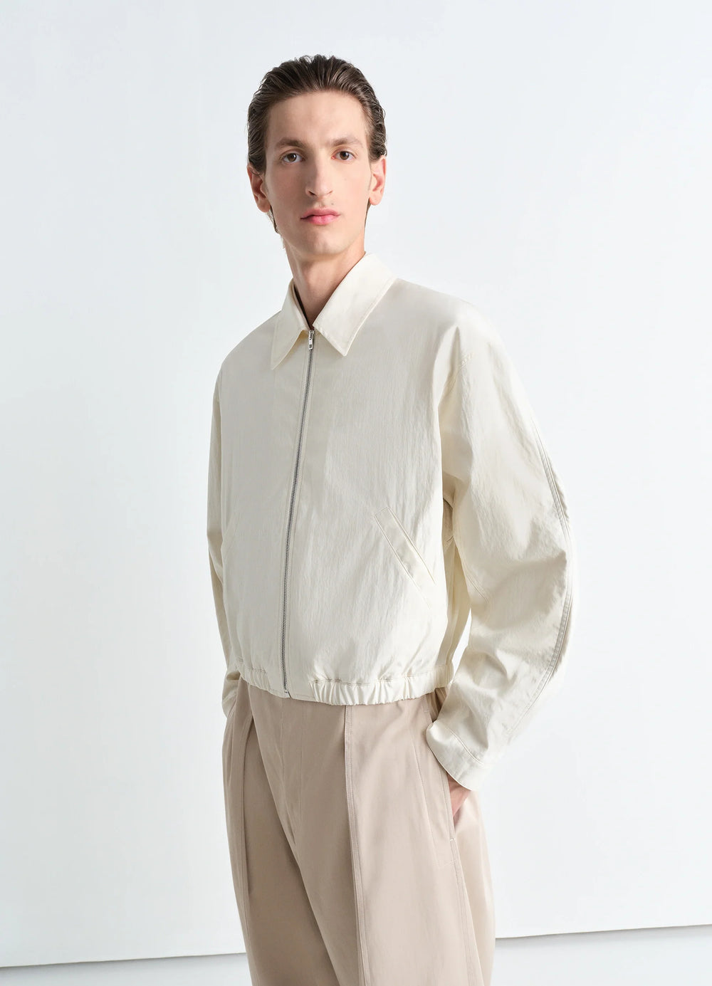 Zipped Blouson in Technical Lyocell Natural, model shot, Front side view Boxy relaxed fit