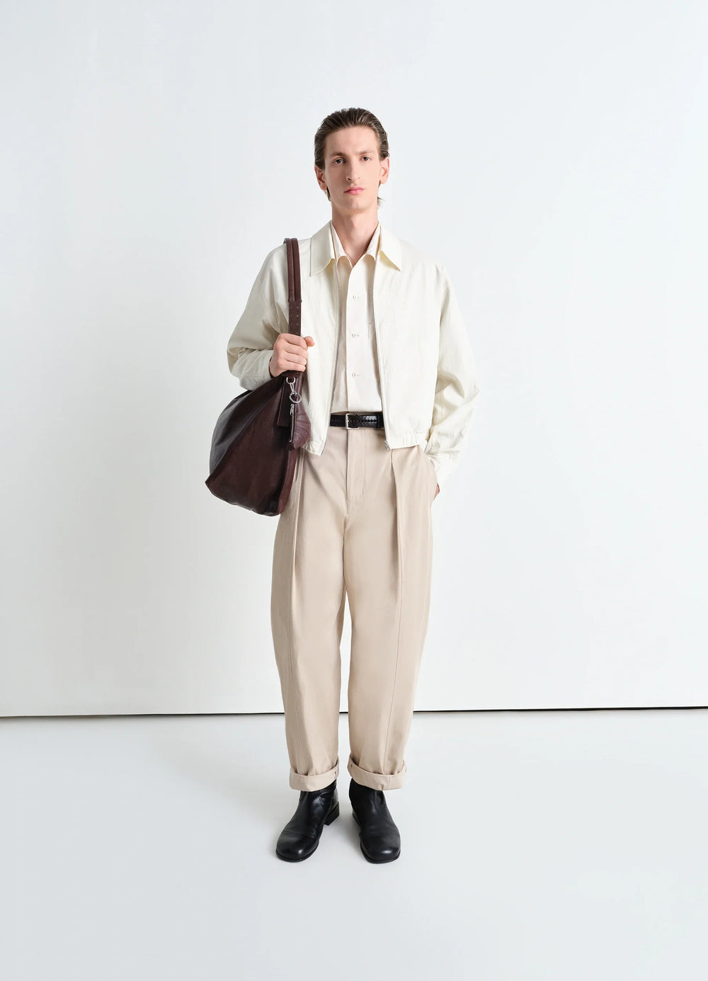 Zipped Blouson in Technical Lyocell Natural, model shot, full front porte buttoned cuffs visible