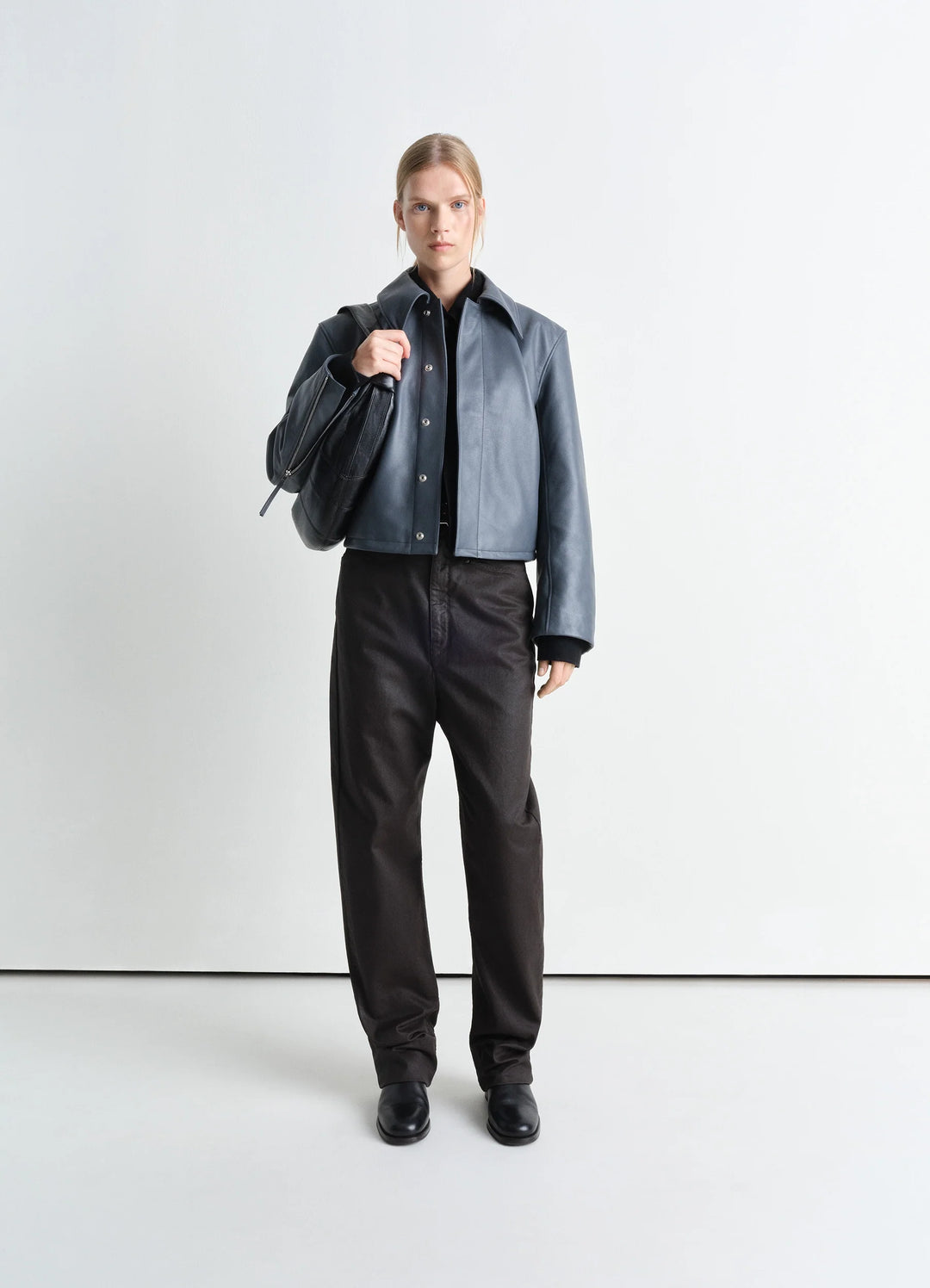 BOXY CROPPED JACKET IN LEATHER - Steel Blue - Heavy Cow Leather