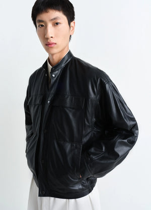 Soft boxy blouson in black lamb leather, model shot, front angled view relaxed fit collarless