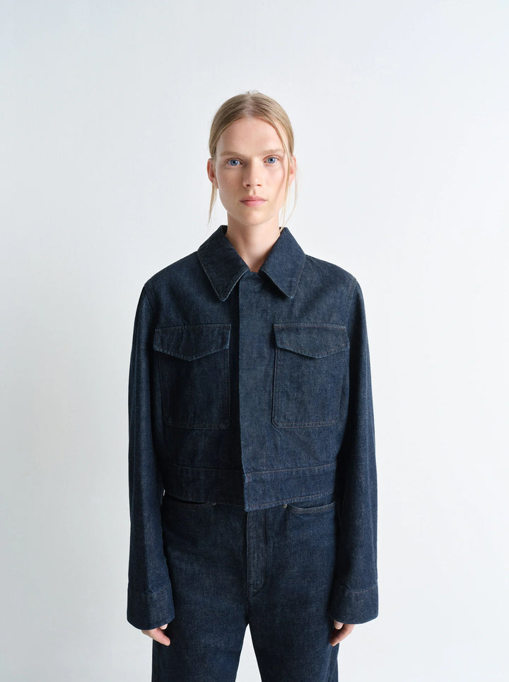 Lemaire Two Pocket Cropped Jacket in Deep Indigo Heavy Denim, model shot, Front view Relaxed fit, cropped waist