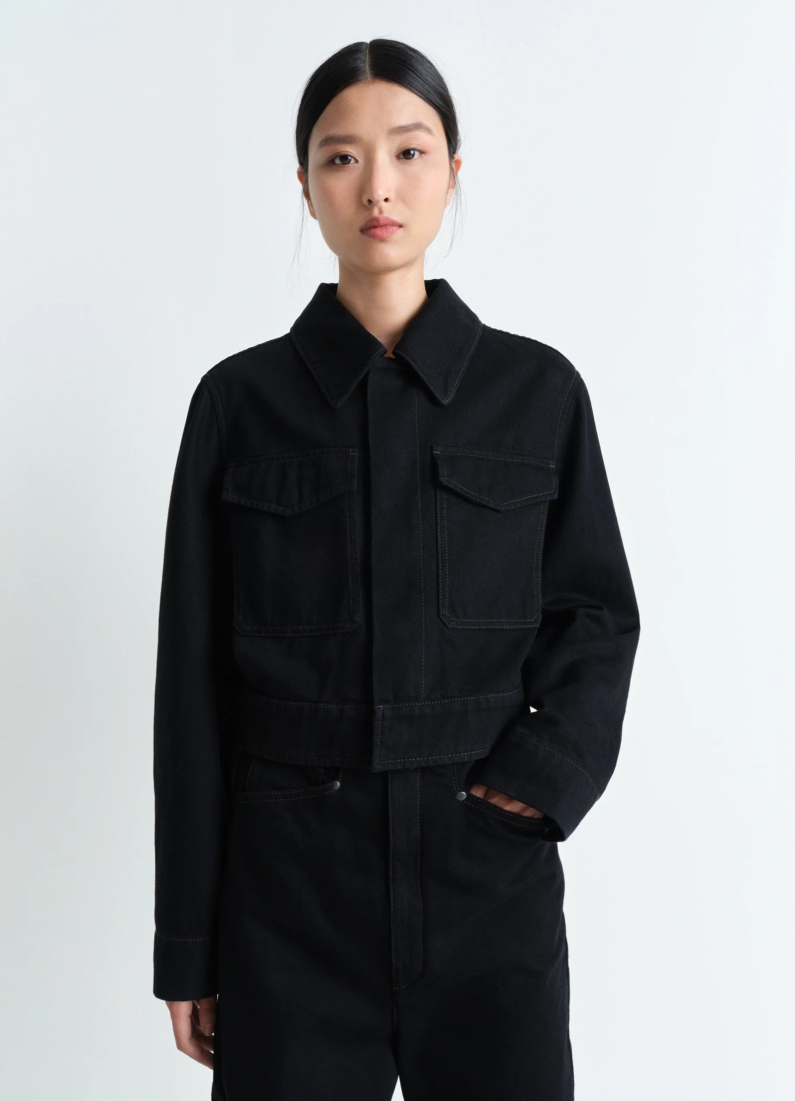 designer dress women's clothing TWO POCKET CROPPED JACKET IN DENIM - Black - Heavy Black Denim - Women