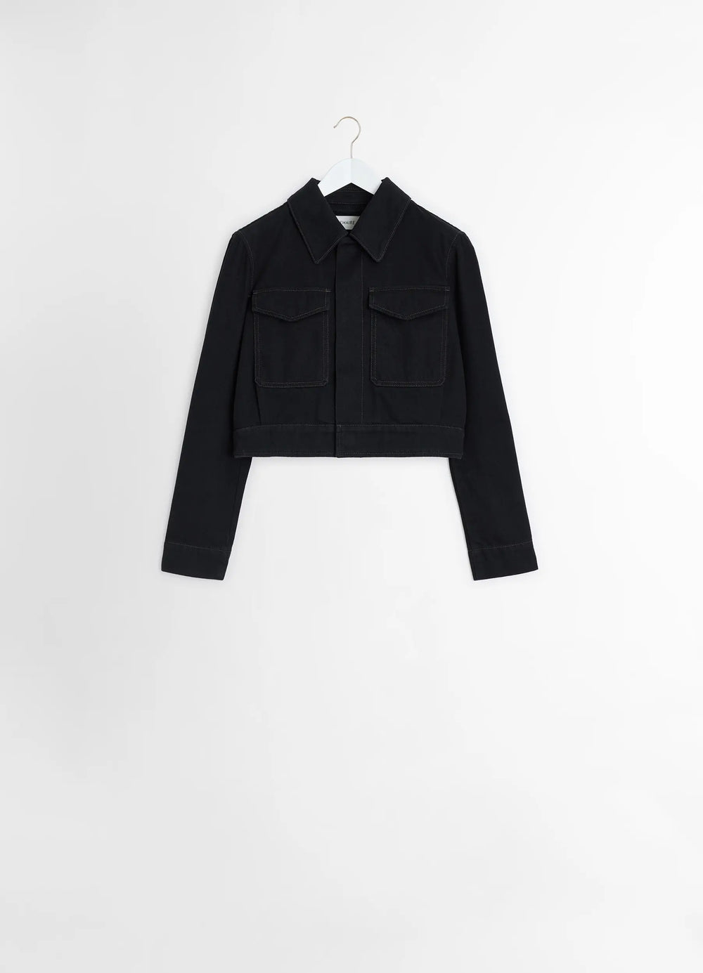 Lemaire Two Pocket Cropped Jacket in Deep Black Heavy Denim, product shot, hanger display view two chest flap pockets