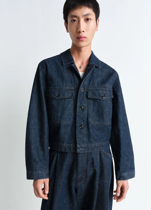 Lemaire Trucker Jacket in Deep Indigo Heavy Denim, model shot, Front view Boxy shape workwear collar