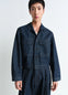 Lemaire Trucker Jacket in Deep Indigo Heavy Denim, model shot, Front view Boxy shape workwear collar