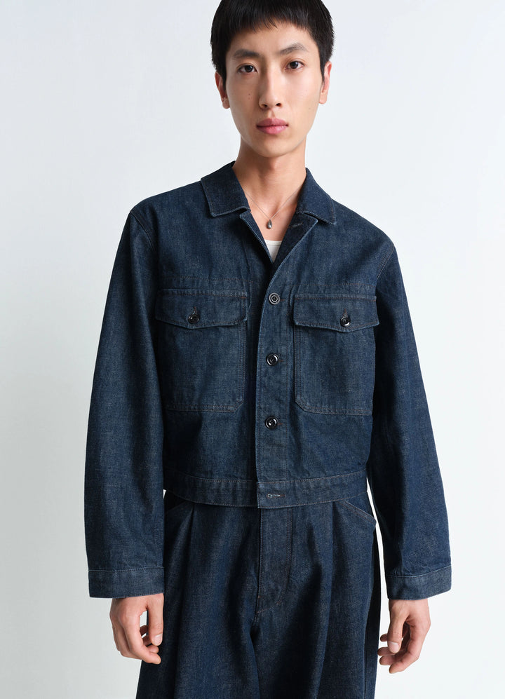 Lemaire Trucker Jacket in Deep Indigo Heavy Denim, model shot, Front view Boxy shape workwear collar