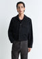 Lemaire Trucker Jacket in Deep Black Heavy Denim, model shot, Front view Boxy shape workwear collar