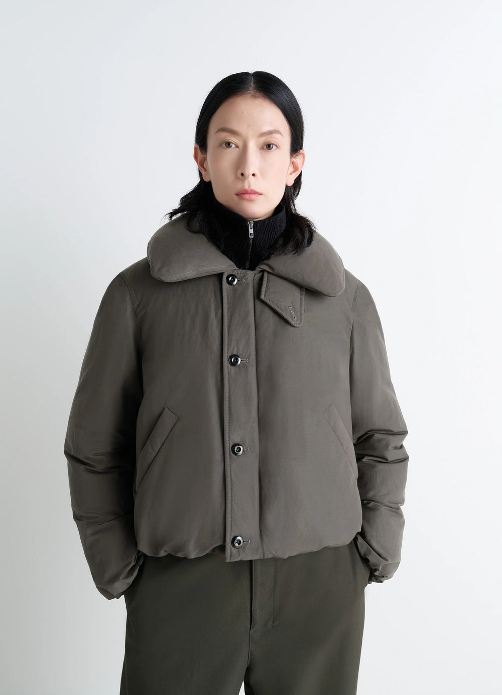 Lemaire Short Puffer Blouson in Linen Cotton Blend, model shot, close-up front view structured shoulders