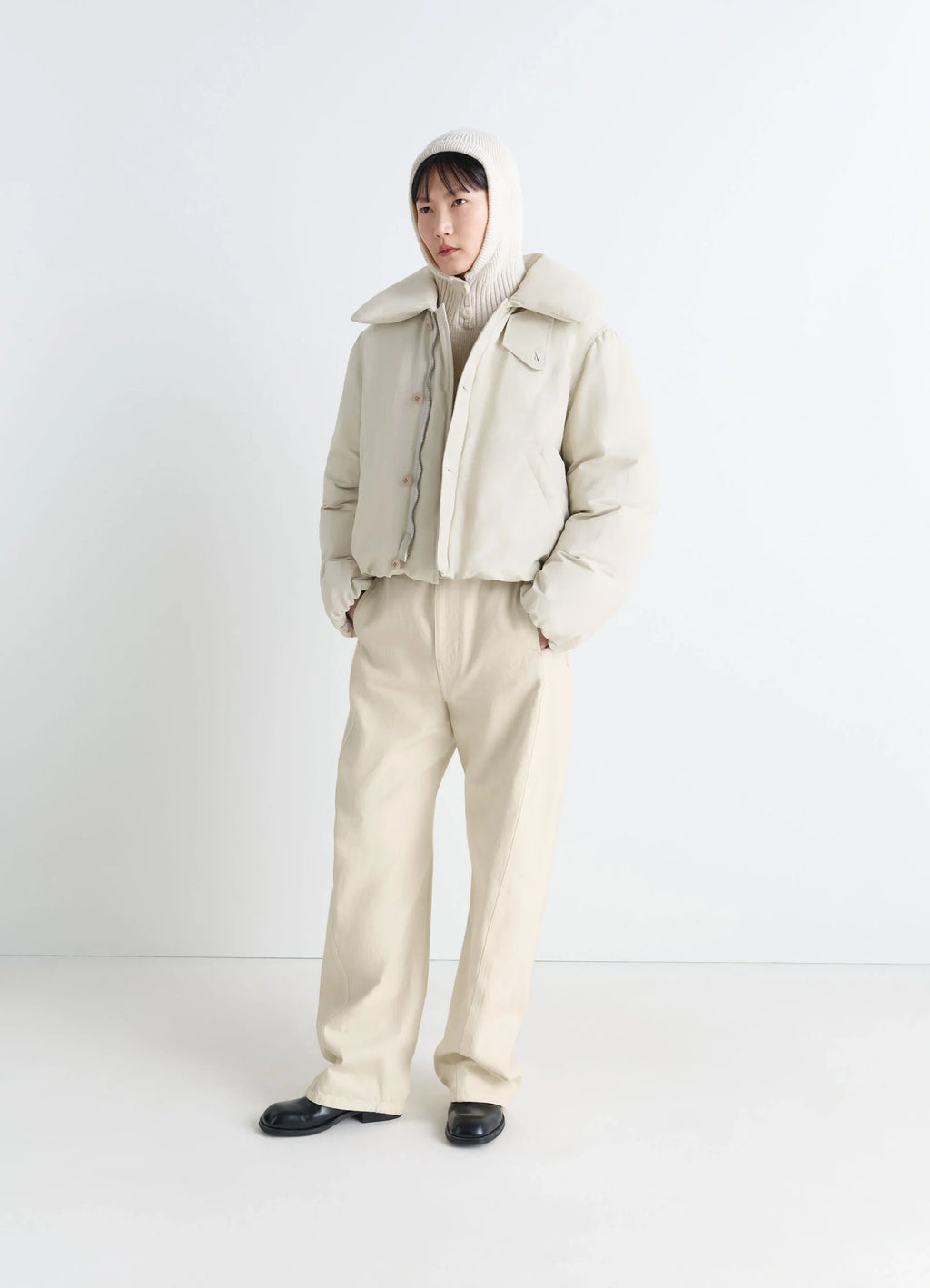 Short Puffer Blouson in Linen Cotton Blend, model shot, side view oversized fit