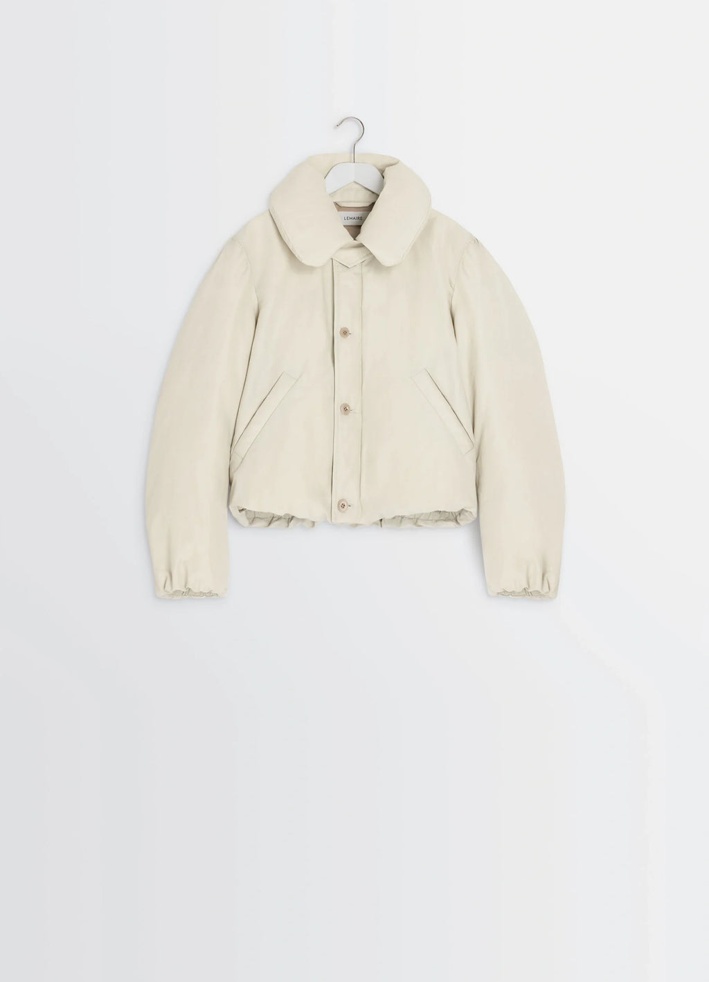 Short Puffer Blouson in Linen Cotton Blend, product shot, hanger view pockets, button front
