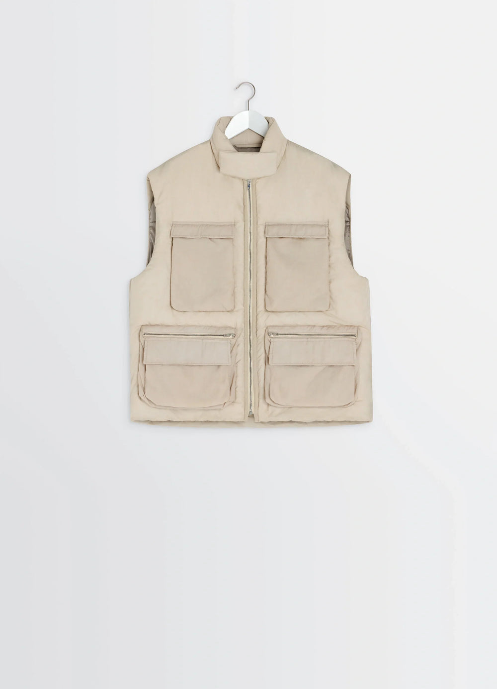 Lemaire Wadded Gilet with Pockets in Beige Water-Repellent Nylon, product shot, front hanging view double flap pockets