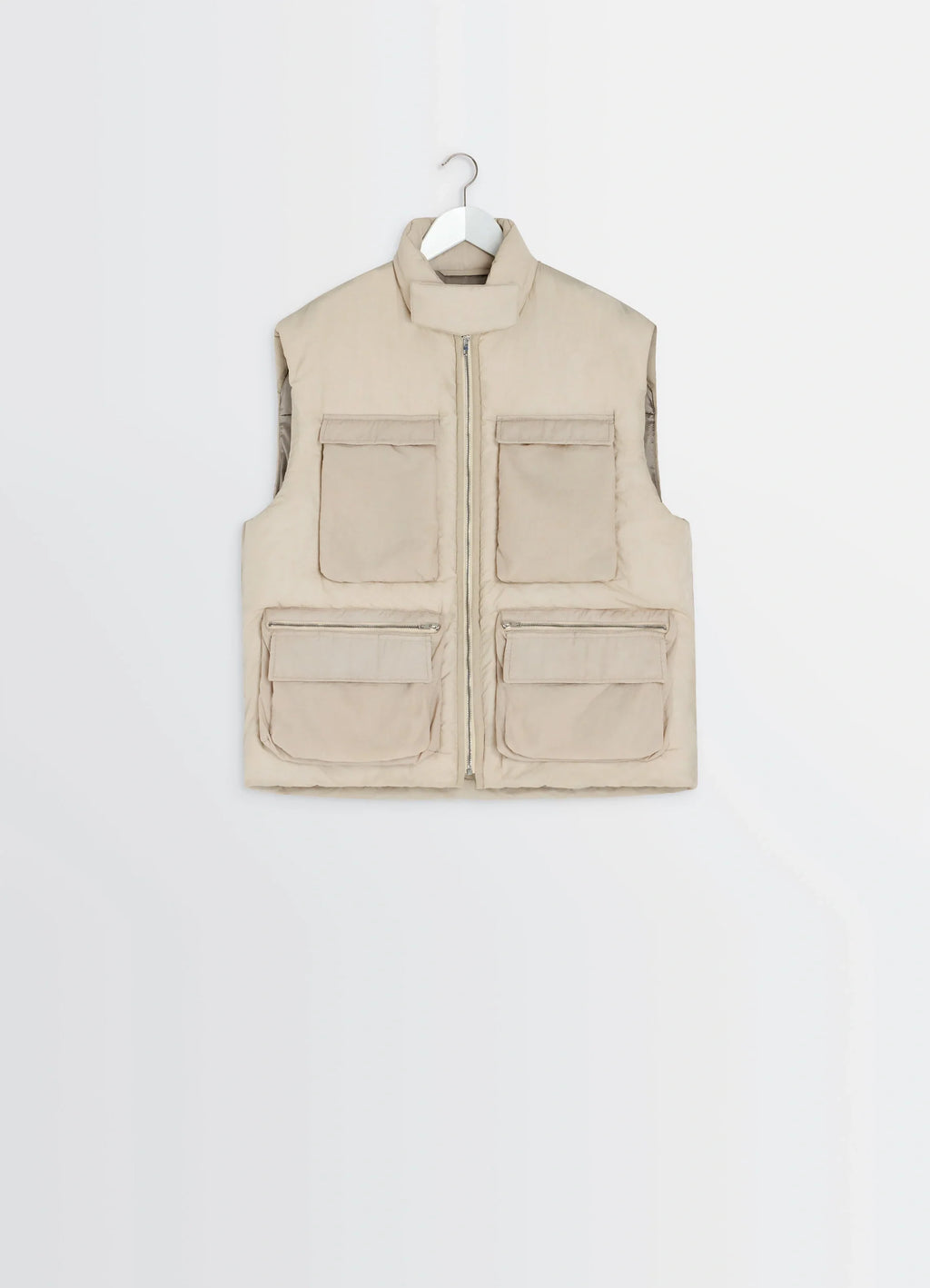 Lemaire Wadded Gilet with Pockets in Beige Water-Repellent Nylon, product shot, front hanging view double flap pockets