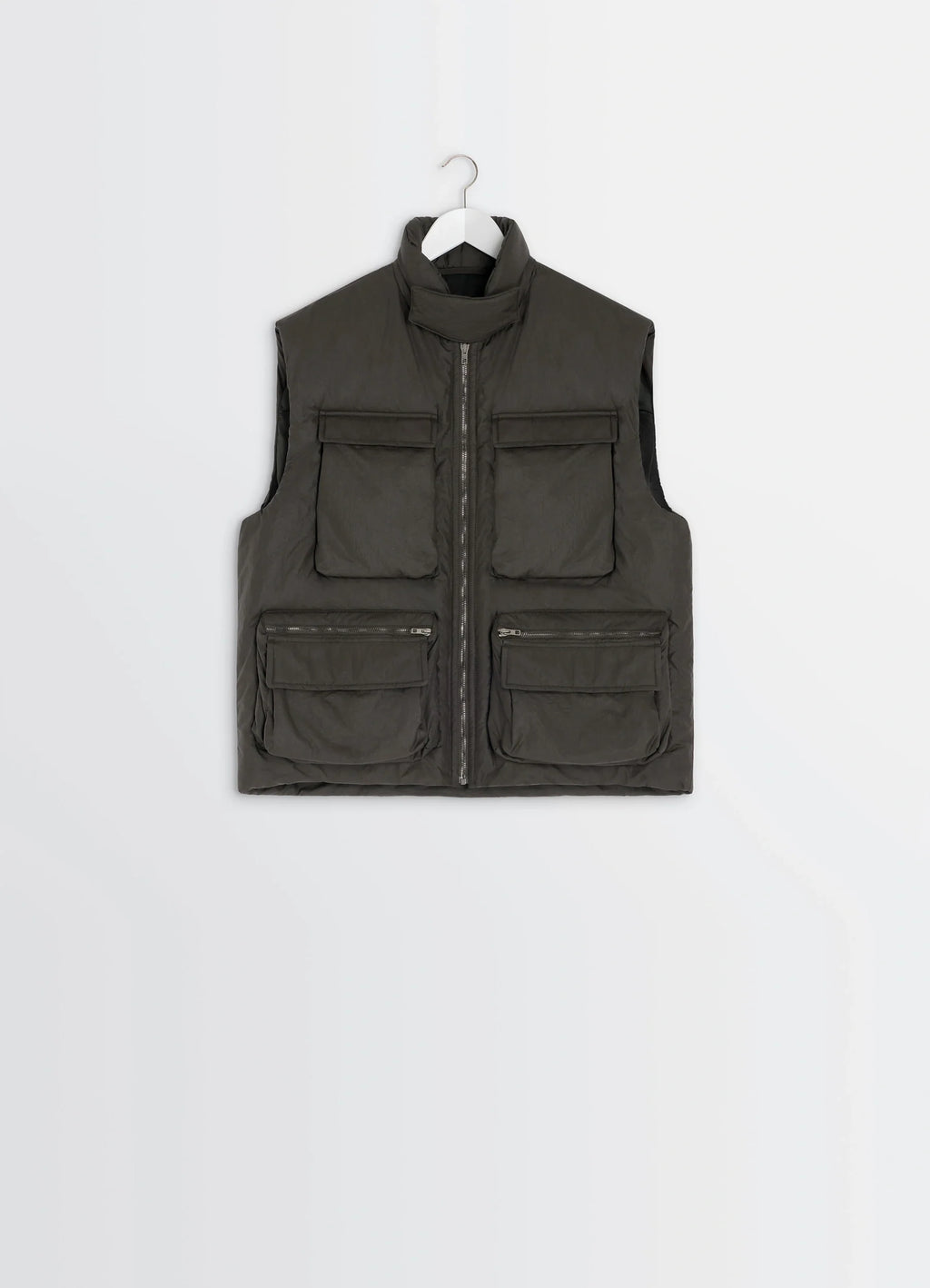 Lemaire Wadded Gilet in Deep Brown Nylon, product shot, straight hanging view four front pockets shown