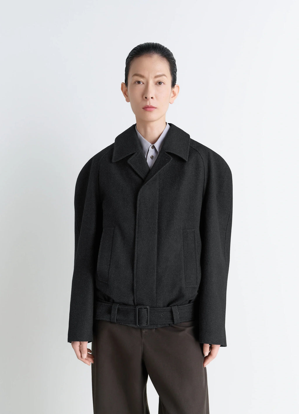 Lemaire Raglan Sleeve Short Coat in RWS wool and cotton twill, model shot, front view oversized belted cut