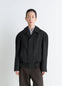 Lemaire Raglan Sleeve Short Coat in RWS wool and cotton twill, model shot, front view oversized belted cut
