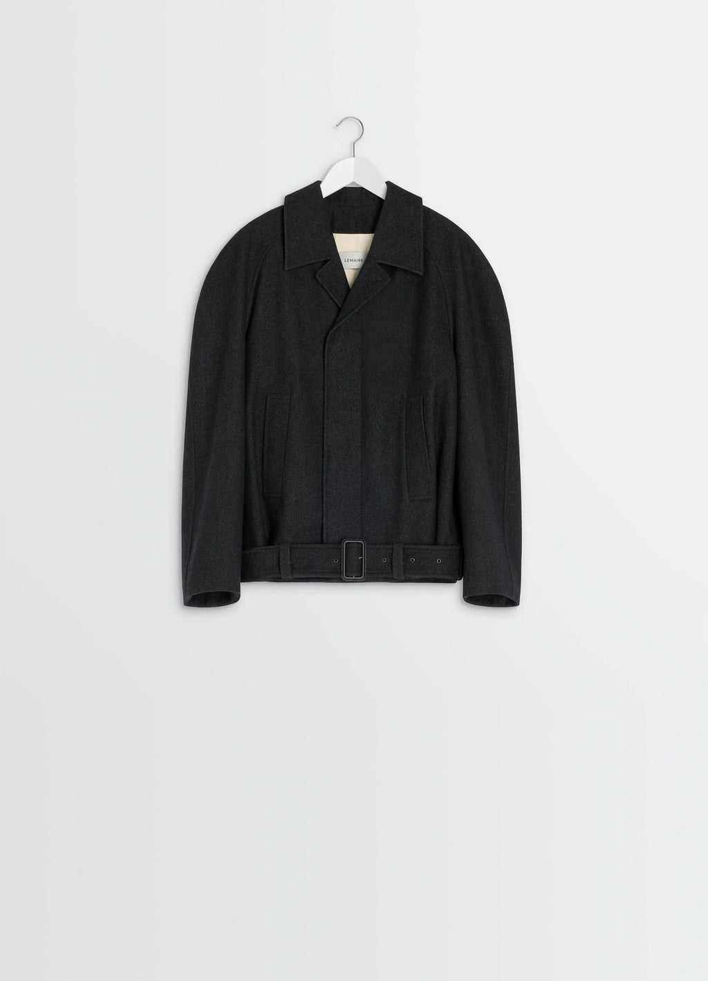 Lemaire Raglan Sleeve Short Coat in RWS wool and cotton twill, product shot, hanging display view belted hem detail