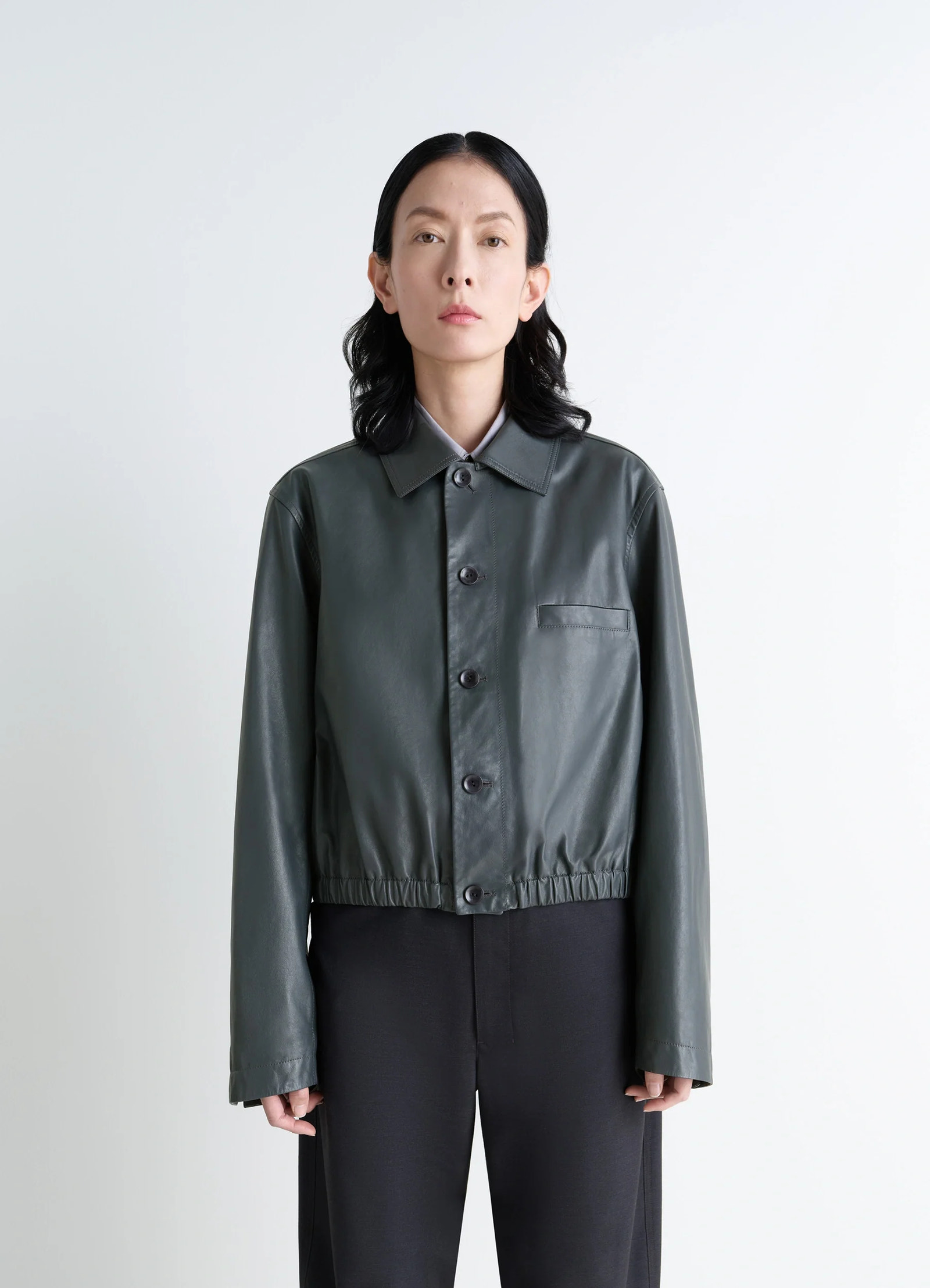 Lemaire soft leather blouson in soft cow leather, model shot, front view cropped fit