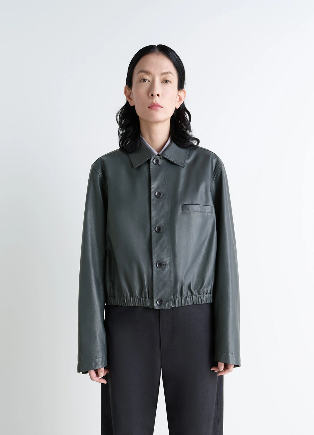 Lemaire Soft Leather Blouson in Soft cow leather, model shot, Front view Cropped fit
