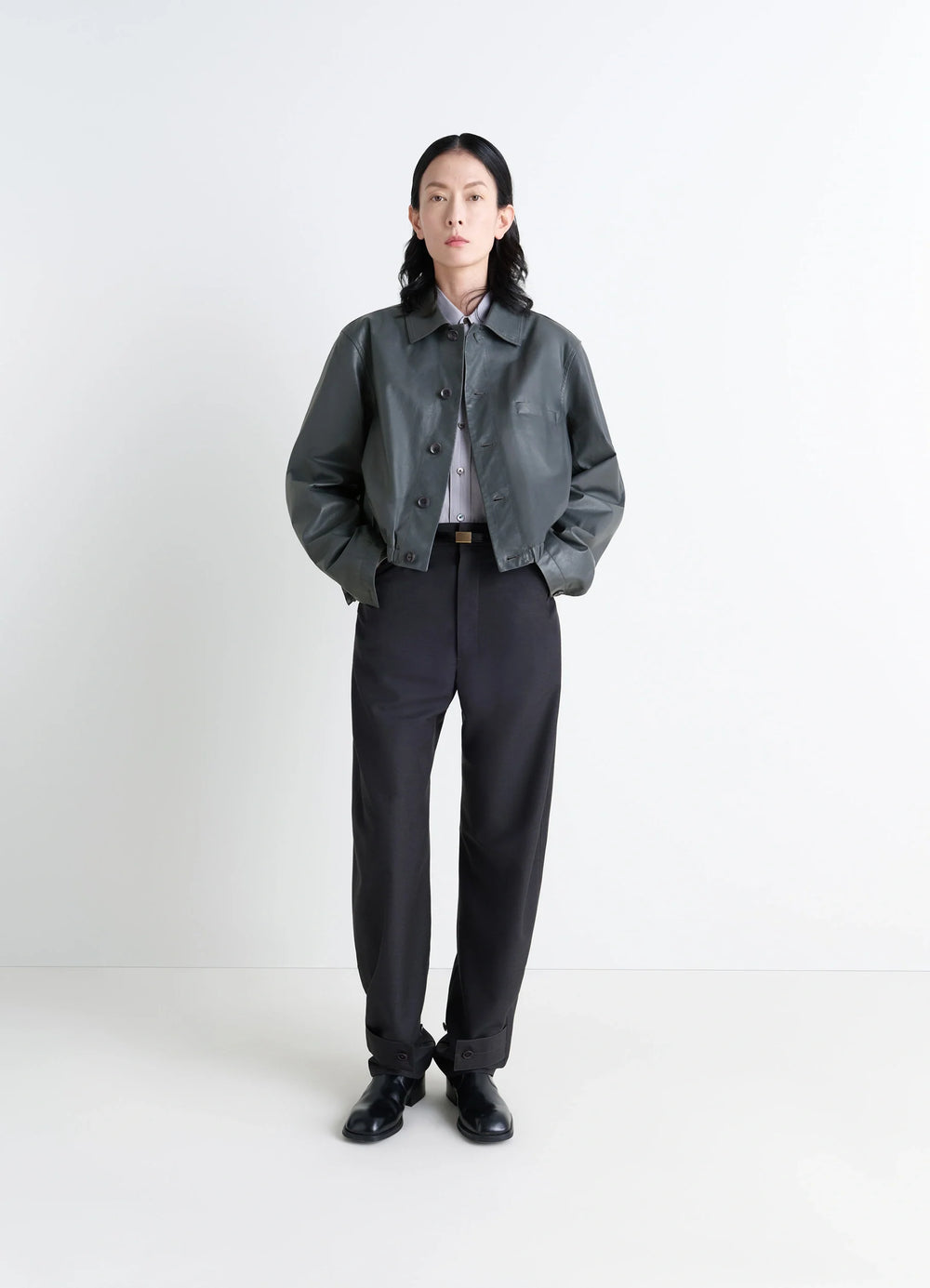 Lemaire Soft Leather Blouson in Soft cow leather, model shot, porte front-view full-body buttoned, relaxed shoulders