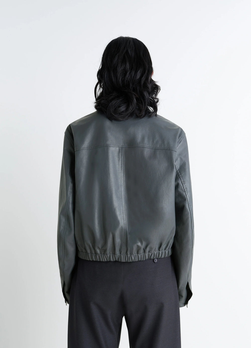 Lemaire Soft Leather Blouson in Soft cow leather, model shot, back view elasticated hem