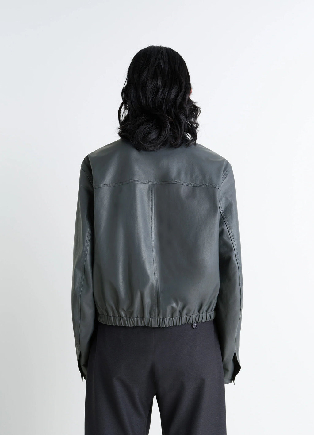 Lemaire Soft Leather Blouson in Soft cow leather, model shot, back view elasticated hem