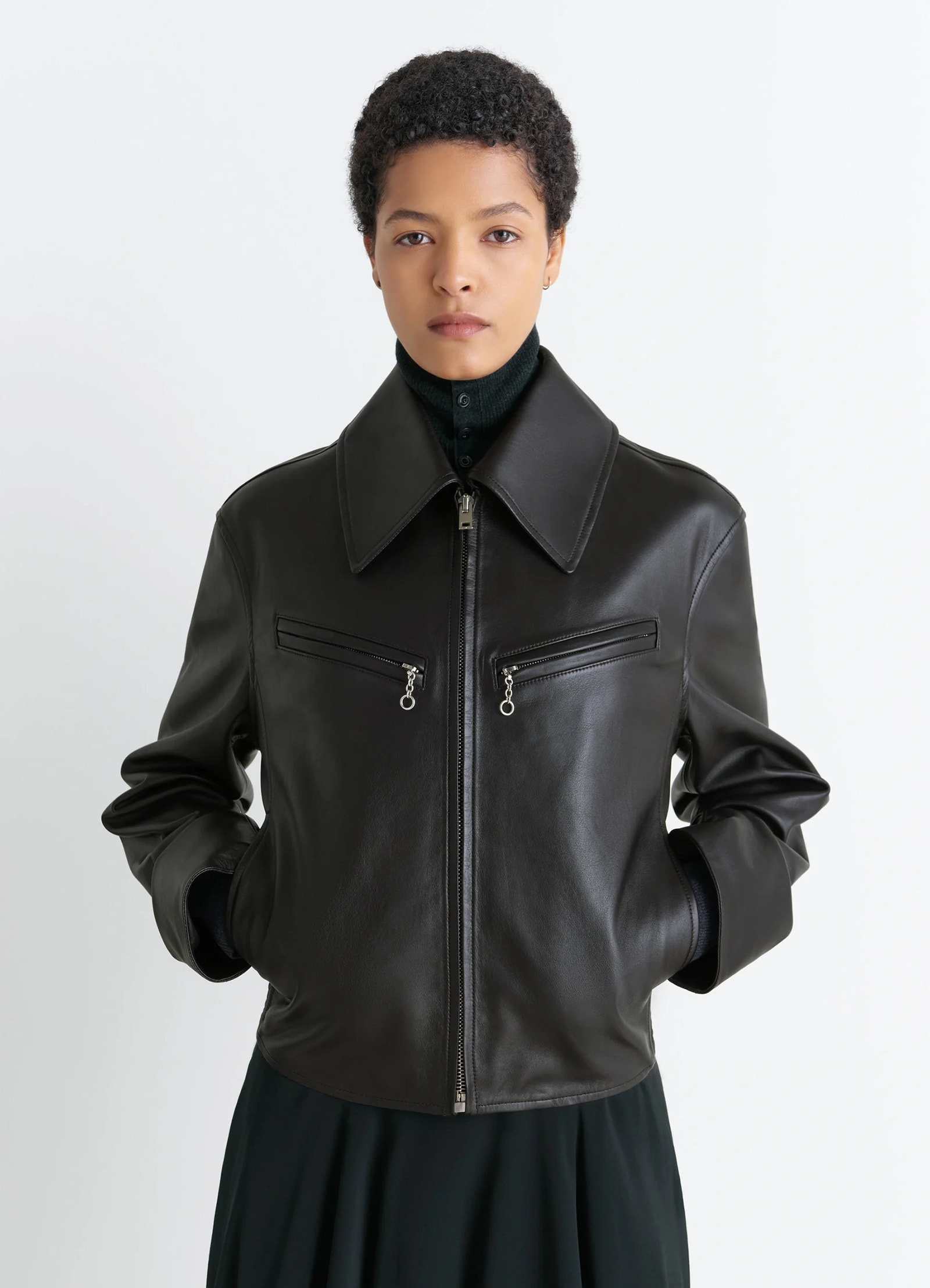Boxy leather blouson in thick cow leather, model shot, front view structured silhouette