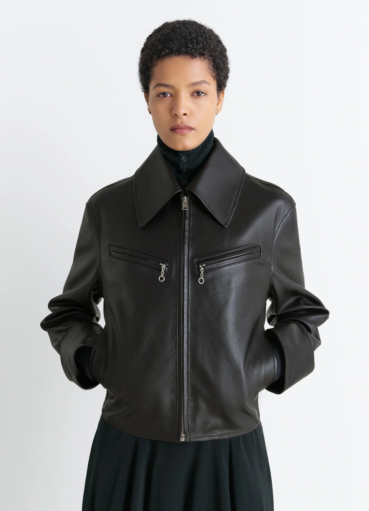 Boxy Leather Blouson in Thick Cow Leather, model shot, Front View Structured Silhouette