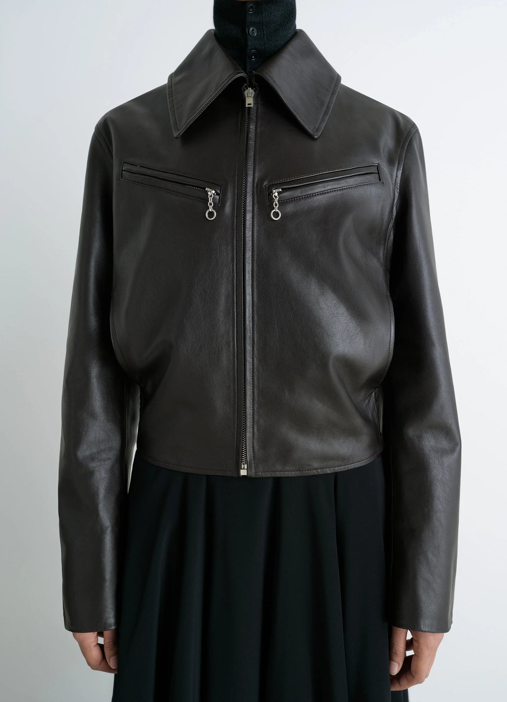 Boxy Leather Blouson in Thick Cow Leather, model shot, upper body close-up zippered pockets detail
