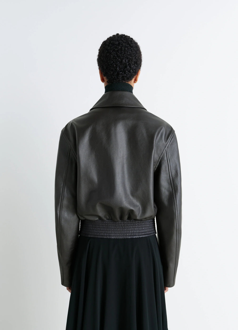 Boxy Leather Blouson in Thick Cow Leather, model shot, back view elastic waistband detail