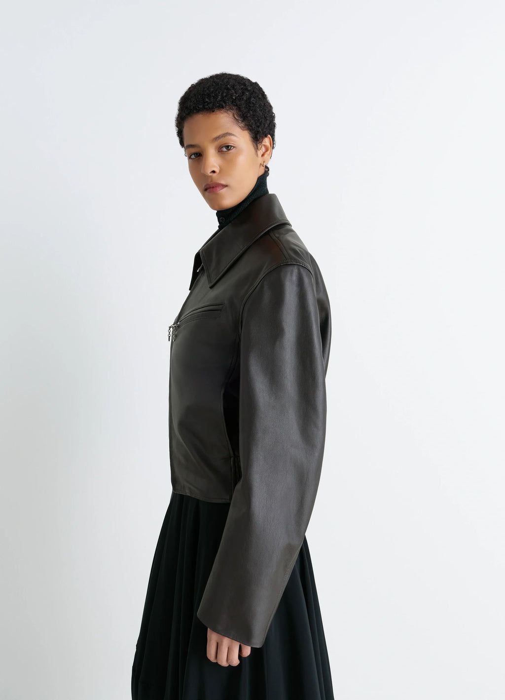 Boxy Leather Blouson in Thick Cow Leather, model shot, side view smooth shiny finish