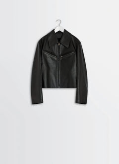 Boxy Leather Blouson in Thick Cow Leather, product shot, hanging display classic collar, zippered design