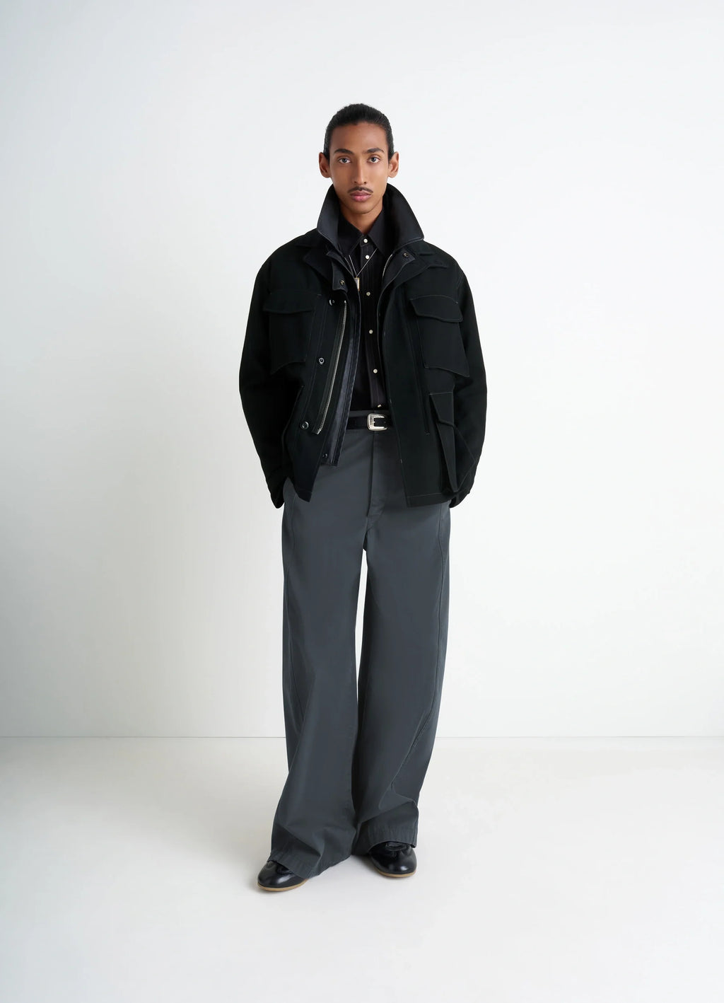 Soft Field Jacket in Black Wool Twill, model shot, full-body view high collar detail