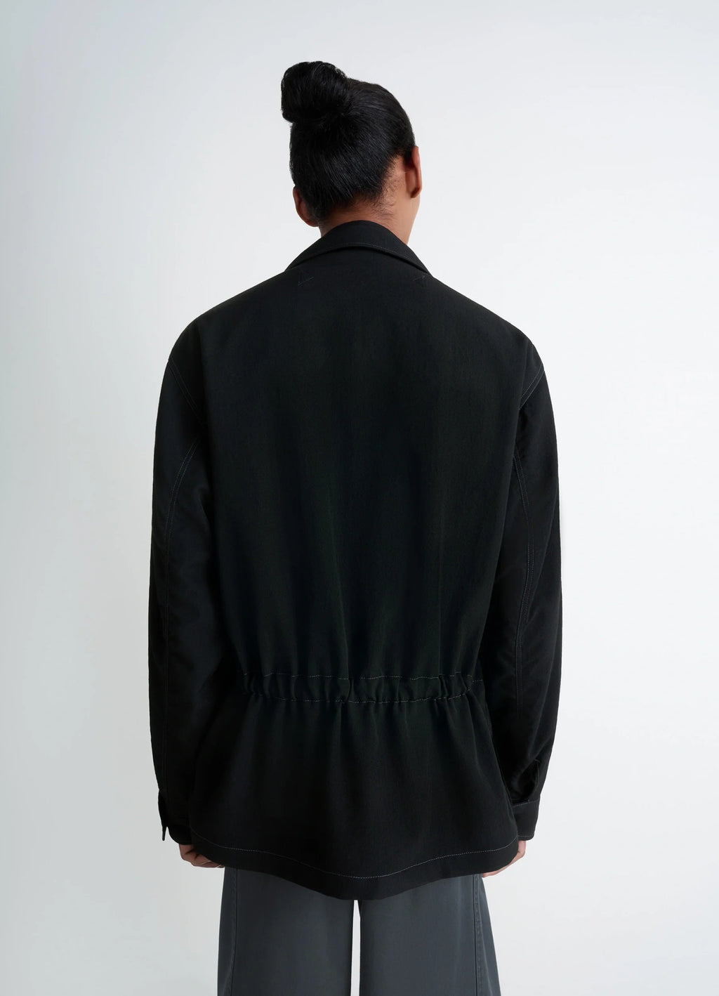 Soft Field Jacket in Black Wool Twill, model shot, back view gathered waist
