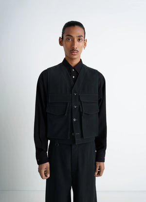 UTILITY GILET in light wool twill, model shot, front view utilitarian design
