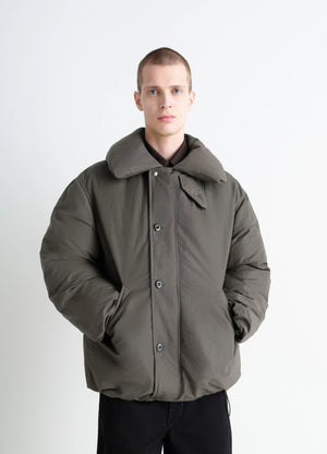 Puffer Blouson in Olive Linen Cotton, model shot, Front view Padded oversized cut