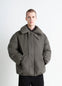 Puffer Blouson in Olive Linen Cotton, model shot, Front view Padded oversized cut