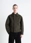 Lemaire Boxy Blouson in Olive Cotton Twill, model shot, Front view Boxy cut, pockets visible