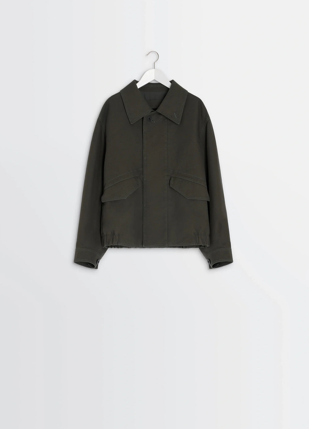 Lemaire Boxy Blouson in Olive Cotton Twill, product shot, top-down hanger view extended collar open