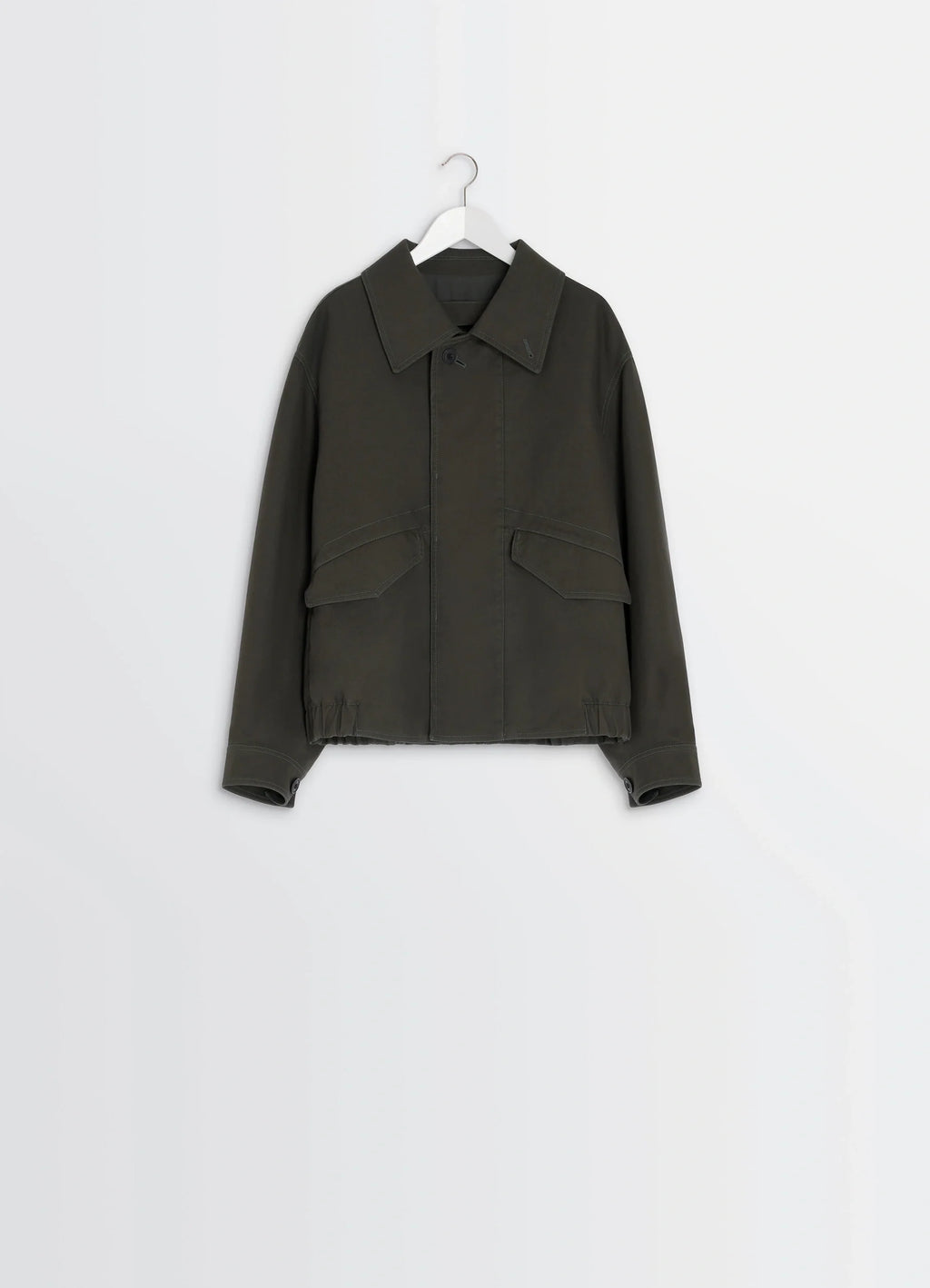 Lemaire Boxy Blouson in Olive Cotton Twill, product shot, top-down hanger view extended collar open