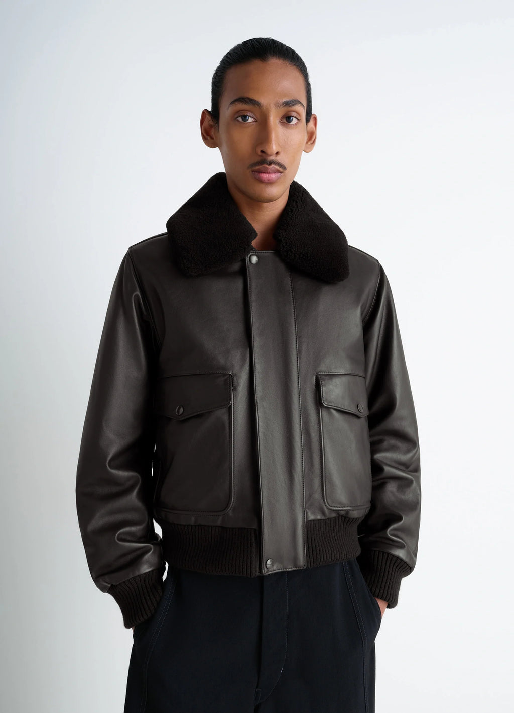Lemaire Leather Blouson in Brown Cow Leather, model shot, Front View Cropped with Sheepskin Collar